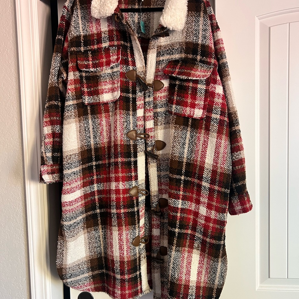 Maurices Red and Brown Plaid Utility Jacket with Sherpa Collar